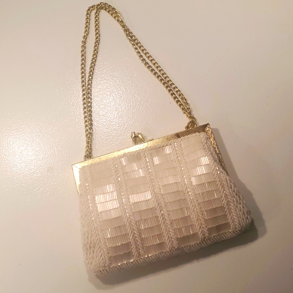 La Regale White Beaded Vintage Evening Bag